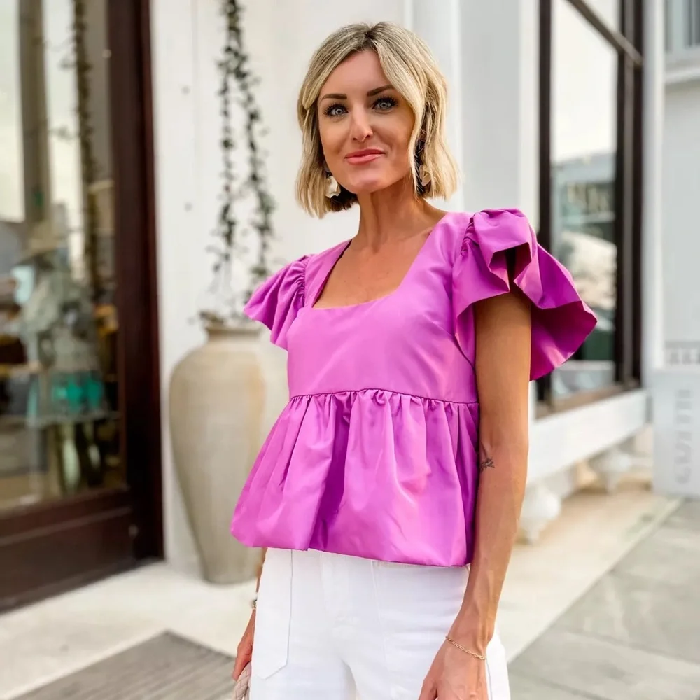Express Peplum Pink Ruffle Short Sleeve Blouse Flutter Top Square Neck Business - Picture 1 of 5